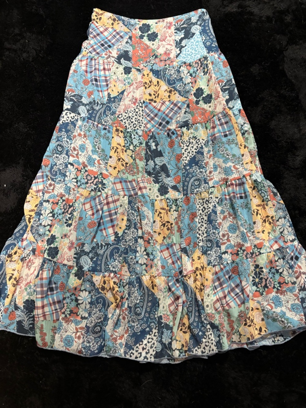 Primark Patchwork Floral Tiered Maxi Skirt — Blue, Yellow, Coral